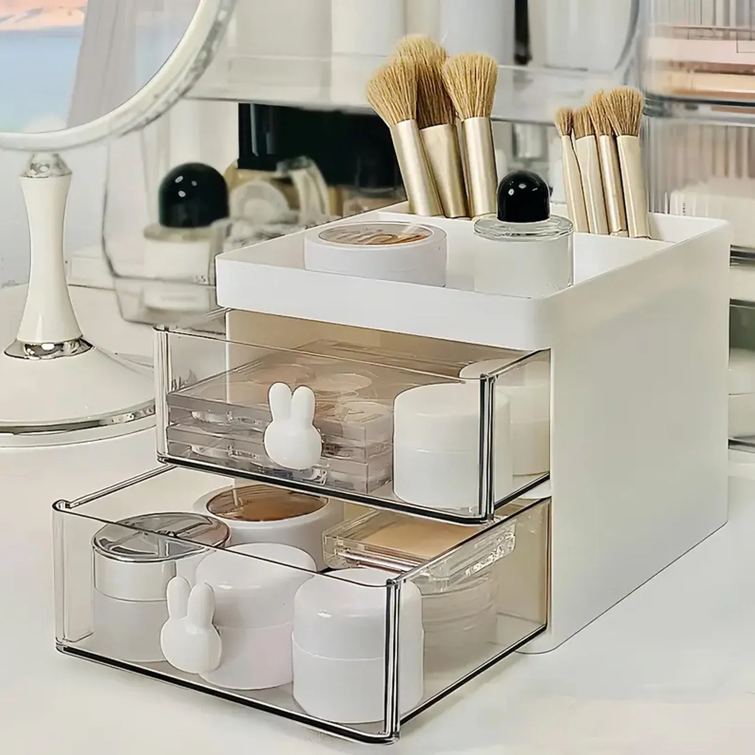 2 Layer 5 Compartment Desk Organizer with Transparent Drawer (1 Pc / 15×13×11 Cm)