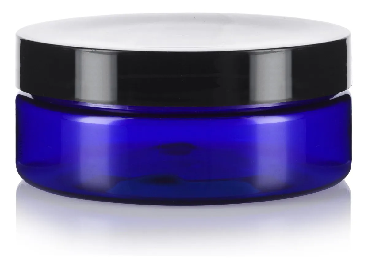 4 oz Cobalt Blue Plastic Extra Low Profile Jar with Black Foam Lined Lid ( 12 Pack)