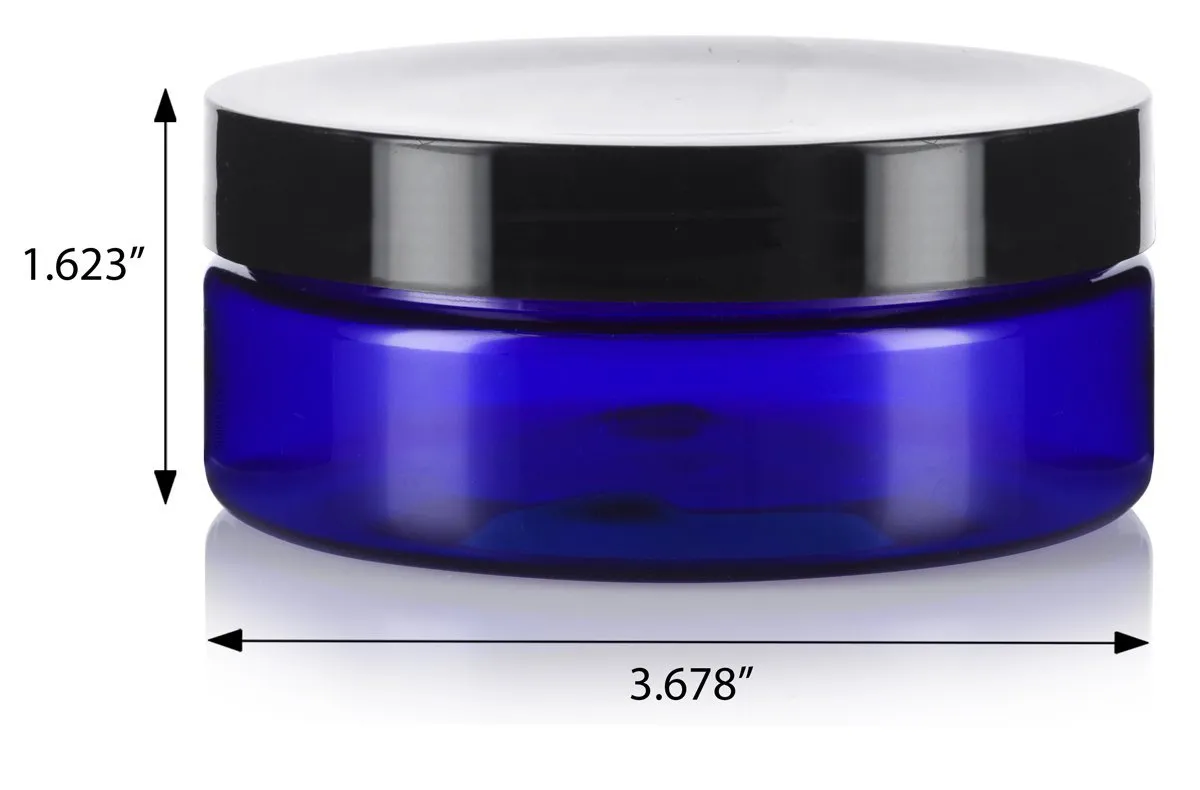 4 oz Cobalt Blue Plastic Extra Low Profile Jar with Black Foam Lined Lid ( 12 Pack)