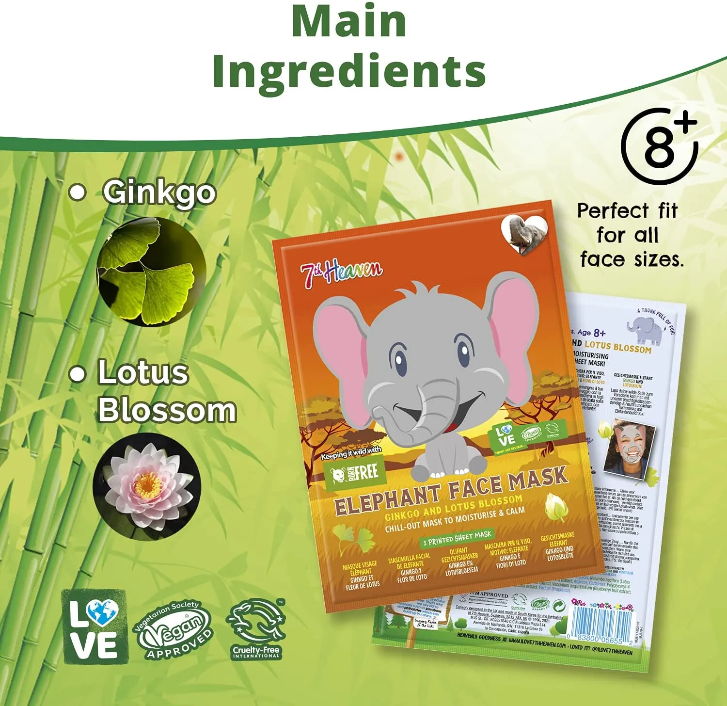 7th Heaven Face Food Born Free Elephant Sheet Mask enriched with Ginkgo and Lotus Blossom to Chill out, Moisturise and Calk your Skin