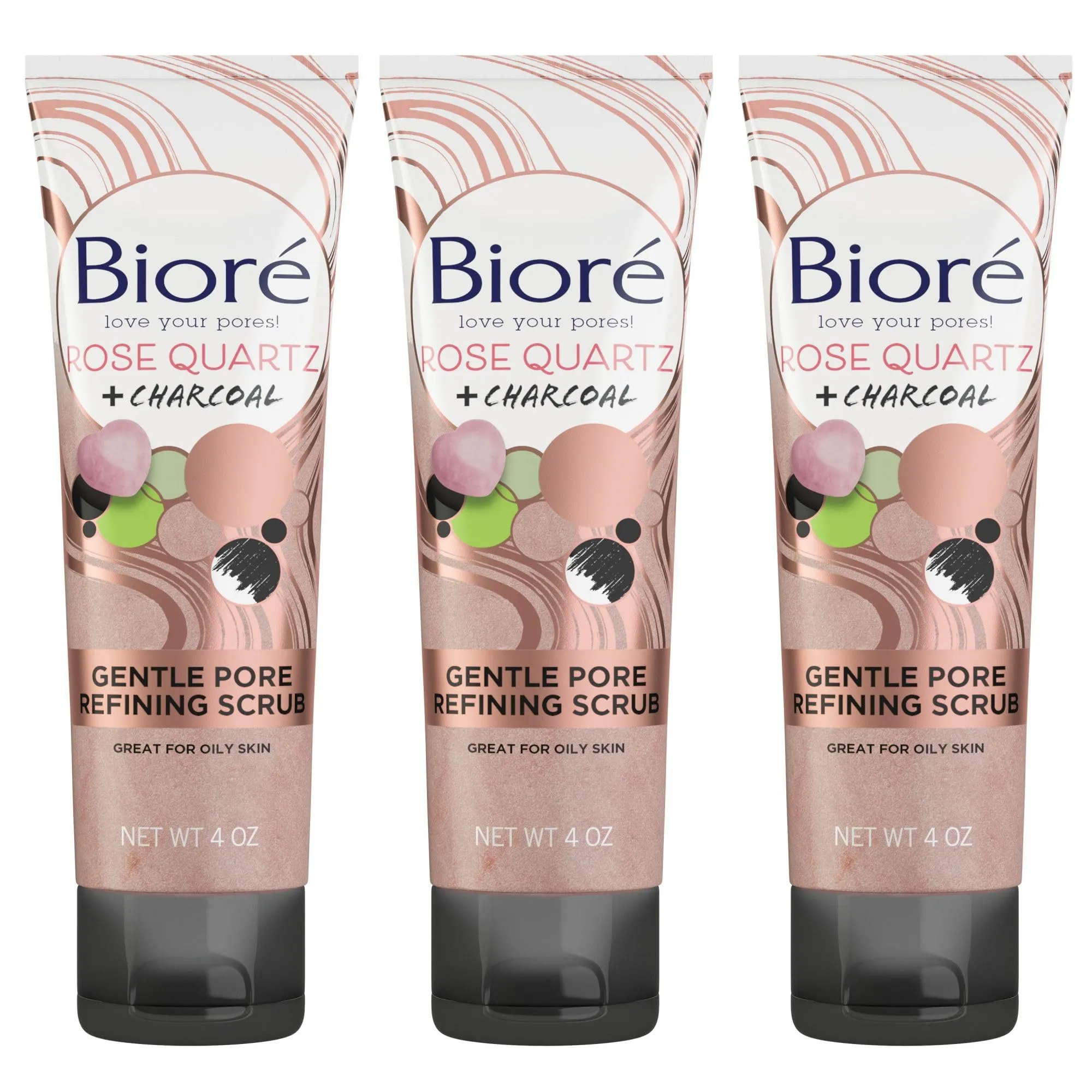 Bioré Rose Quartz   Charcoal Gentle Pore Refining Scrub, Pore Minimizing Facial Scrub, Oil Free, Dermatologist Tested, Non-Comedogenic, Cruelty Free, Vegan Friendly, 4 Oz Tubes (Pack of 3)