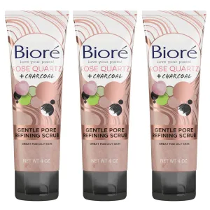 Bioré Rose Quartz   Charcoal Gentle Pore Refining Scrub, Pore Minimizing Facial Scrub, Oil Free, Dermatologist Tested, Non-Comedogenic, Cruelty Free, Vegan Friendly, 4 Oz Tubes (Pack of 3)