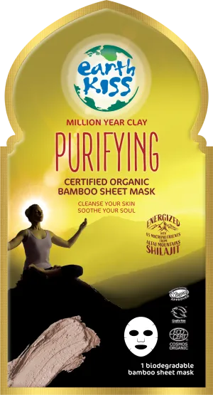 Earth Kiss Inspirations Purifying Organic Bamboo Sheet Mask with Shilajit and Million Year Clay to Cleanse Your Skin