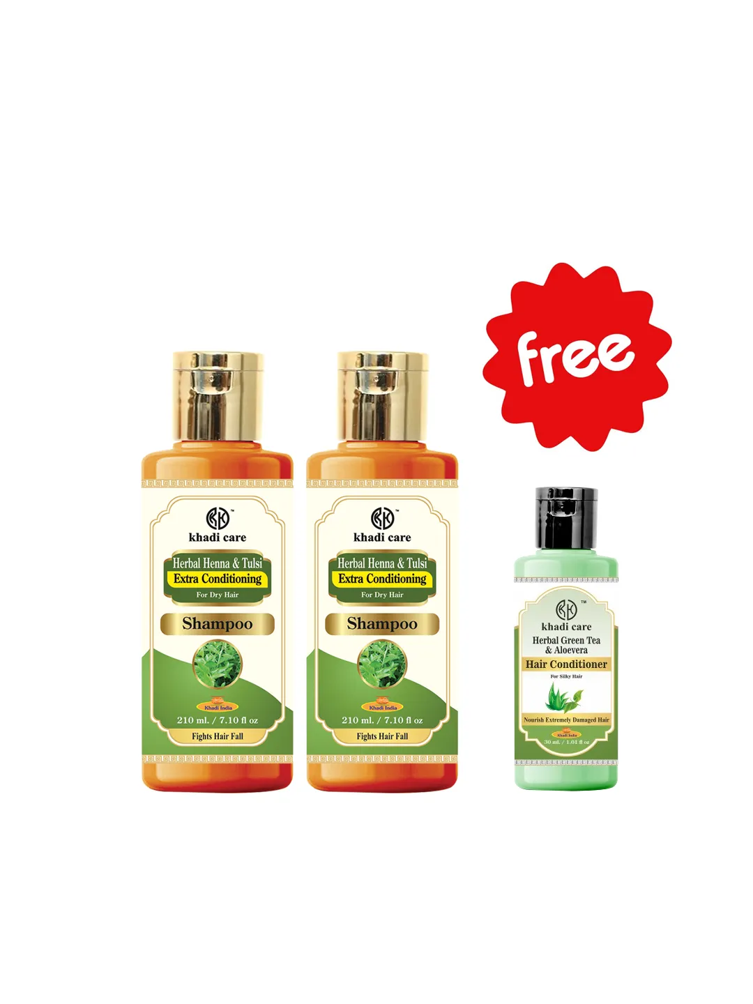 Khadi Care Herbal Henna Tulsi Shampoo (210ml Each) Pack of 2 Free Green Tea and Aloevera Hair Conditioner (30ml)