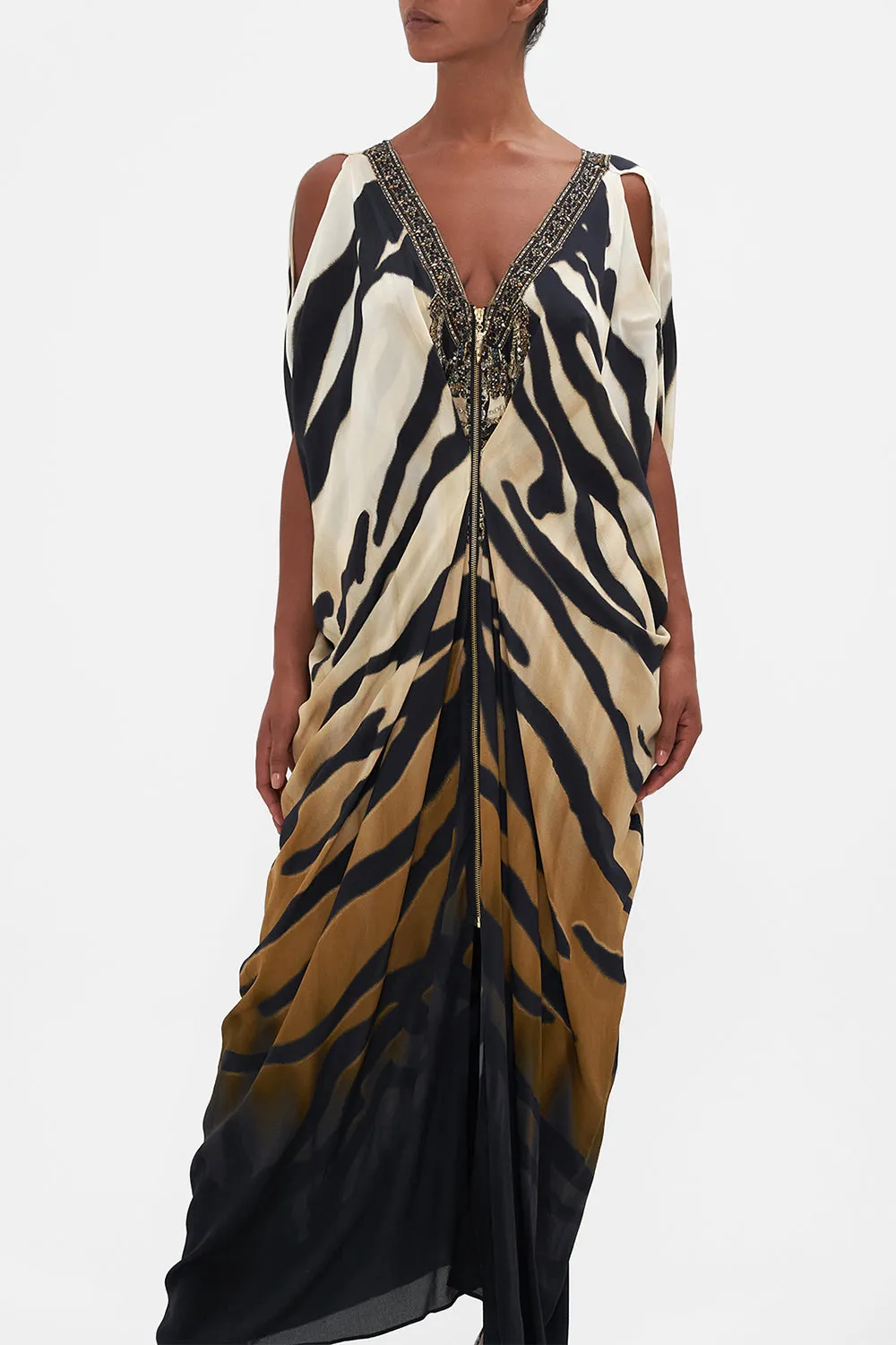 LONG DRAPE DRESS WITH ZIP FRONT TAME MY TIGER